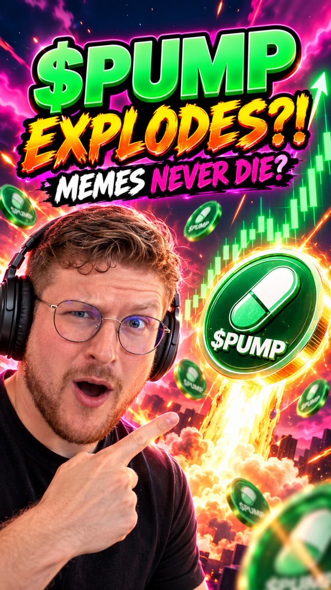 A YouTuber wearing headphones points excitedly at a green "$PUMP" coin amid fiery explosions and an upward green candlestick chart, under the bold text "$PUMP EXPLODES?! MEMES NEVER DIE?" — visually amplifying the post's thesis that the $PUMP token is a high-conviction "degeneracy never dies" crypto trade backed by Pump.fun's dominance and meme coin resilience.