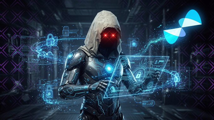 An AI-generated illustration of a hooded figure with glowing red eyes surrounded by cybersecurity graphics and a blue logo, set against a dark futuristic background.