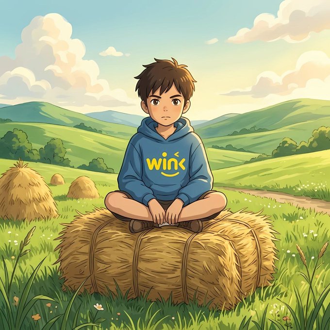 An illustration shows a young boy in a blue hoodie with 'win' written in yellow sitting on a hay bale in a grassy field with rolling green hills and clouds.
