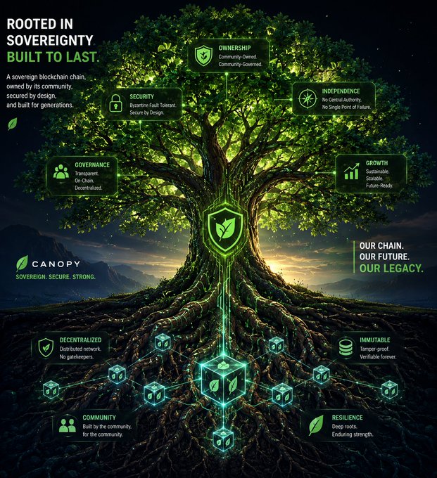 A dark, dramatic infographic titled "ROOTED IN SOVEREIGNTY. BUILT TO LAST." by Canopy features a glowing tree with blockchain nodes connected to its roots, with labels like Ownership, Security, Governance, and Independence.