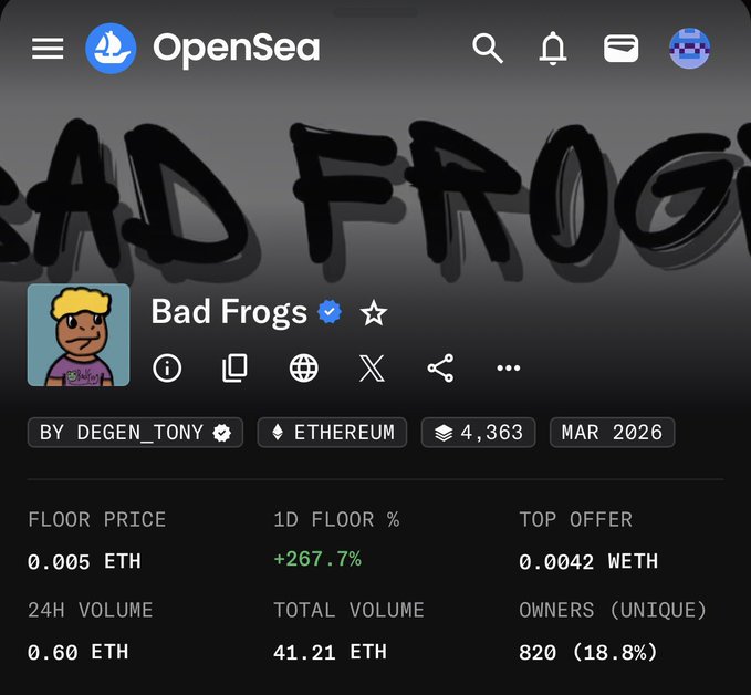 An OpenSea NFT collection page for "Bad Frogs" by DEGEN_TONY on Ethereum, showing a floor price of 0.005 ETH, a 1D floor increase of +267.7%, and 820 unique owners.
