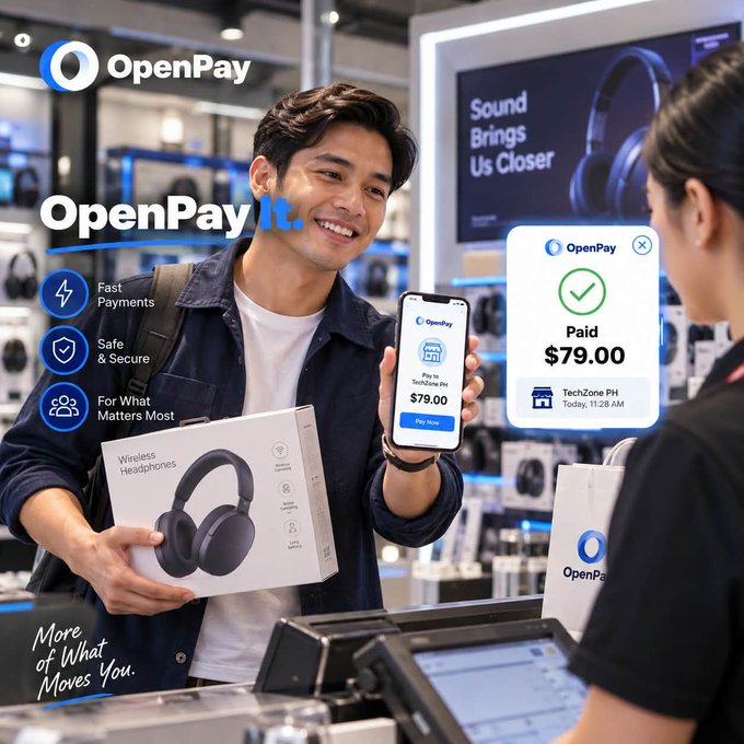 An advertisement for 'OpenPay' featuring a smiling man holding a wireless headphones box, with the tagline 'OpenPay It.' and features 'Fast Payments', 'Safe & Secure', and 'For What Matters Most', showing a successful $79.00 payment to 'TechZone PH'.