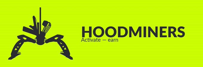 A bright yellow-green banner with a black silhouette logo and the text 'HOODMINERS - Activate - earn' displayed prominently.