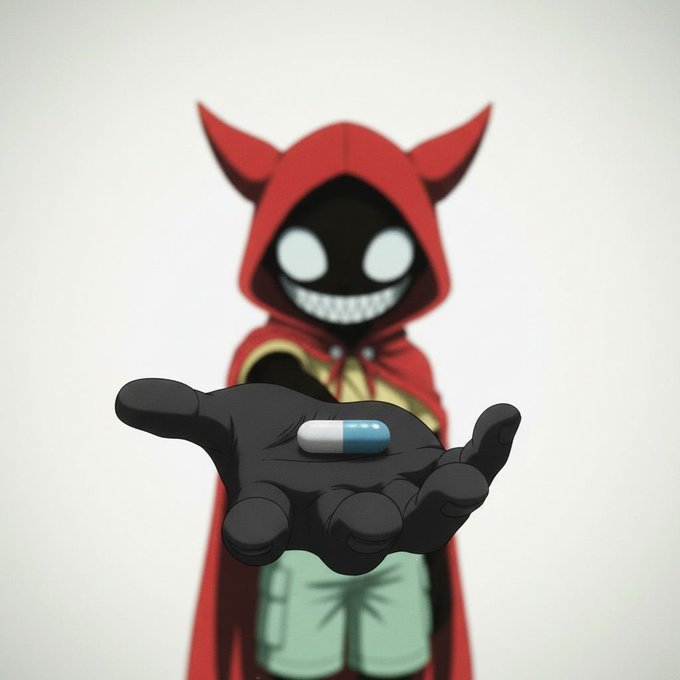 A cartoon-style character wearing a red hooded cloak with horns and a wide, toothy grin, holding out a black-gloved hand with a blue and white capsule pill.