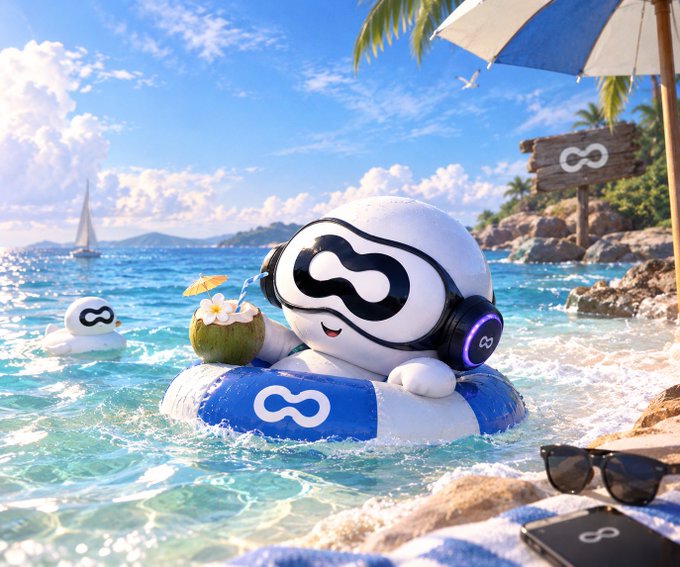 An AI-generated illustration of a Meta (Facebook/Instagram) mascot character wearing infinity logo headphones and floating in a tropical ocean on an inflatable ring while drinking from a coconut.