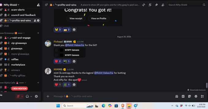 A Discord screenshot from the Nifty Shield server showing a #profits-and-wins channel where users Piohead and MIMMS are sharing NFT giveaway wins featuring NTRPY Genesis NFTs, thanking @Rohit Valescha for the hits.