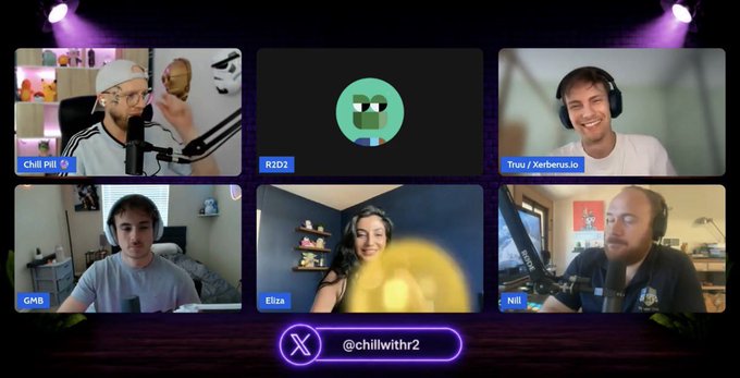 A video podcast or livestream screenshot shows a six-person grid call on the X/Twitter platform (@chillwith2), featuring participants labeled 'Chill Pill', 'R2D2', 'Truu / Xerberus.io', 'GMB', 'Eliza', and 'Nill'.