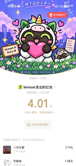 The image displays a colorful KKMOAT-themed red envelope page featuring a cute unicorn-corgi mascot holding a pink heart, with text indicating a ¥4.01 red packet sent by "kkmoat" wishing "恭喜发财，大吉大利" (prosperity and good luck). This relates to the post about distributing a red envelope after a busy day of trading, with the "封面由个人制作" (cover made by individual) note suggesting a custom design to engage recipients, while the transaction details show 46/68 red packets already claimed totaling ¥121.32/¥168.00.