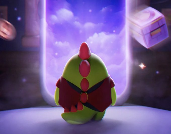 A 3D-rendered image of a small green dinosaur-like character with a red crest and cape looking at a glowing portal showing a purple sky.