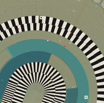 An abstract spiral pattern with black and white piano keys alongside teal and gray textured concentric arcs.