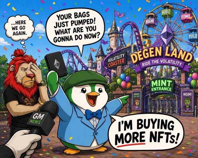 A cartoonish crypto meme depicting a lion and a penguin at 'Degen Land' theme park with roller coasters, where the penguin says 'I'M BUYING MORE NFTs!' while the lion laments '...HERE WE GO AGAIN.'