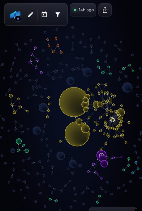 A screenshot of a digital network visualization game displaying various connected colored nodes and bubbles on a dark blue background.