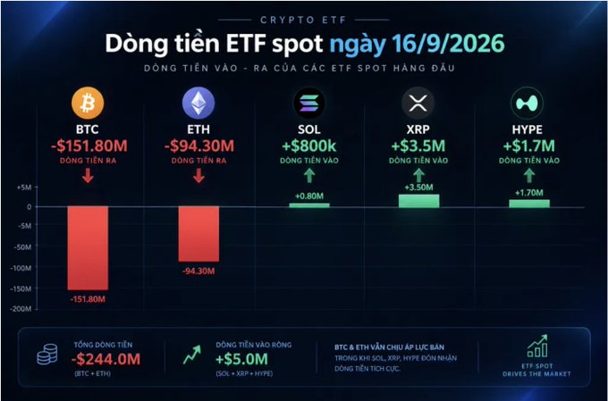 A Vietnamese crypto market infographic showing 'Dòng tiền ETF spot ngày 16/9/2026' with outflows for BTC (-$151.80M) and ETH (-$94.30M), and inflows for SOL (+$800k), XRP (+$3.5M), and HYPE (+$1.7M).