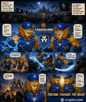 Comic-style advertisement for "LOADEDLIONS" crypto/NFT collection depicting anthropomorphic lions in blue sports gear with dialogue boxes, ending with the slogan "FORTUNE FAVOURS THE BRAVE" on crypto.com.