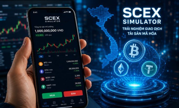 A smartphone displays the SCEX SIMULATOR app showing crypto trading data with BTC/VND at 1,598,000,000 (+2.35%) and other currencies, with text 'TRẢI NGHIỆM GIAO DỊCH TÀI SẢN MÃ HÓA' and Bitcoin, Ethereum, Tether logos.