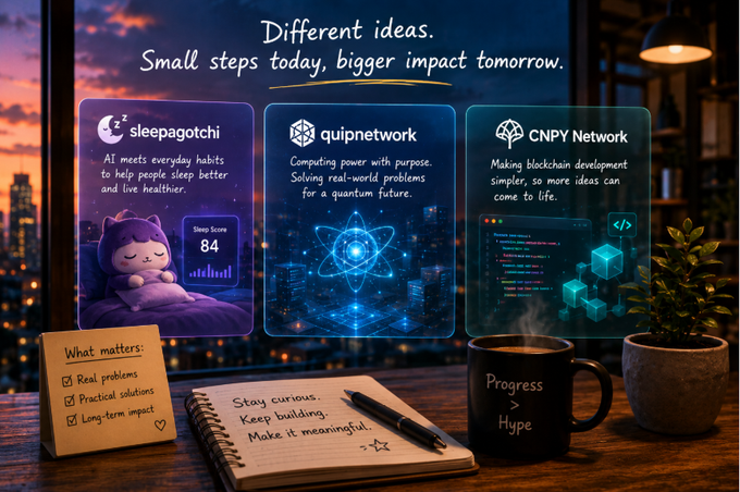 An inspirational graphic titled "Different ideas. Small steps today, bigger impact tomorrow," showcasing projects like sleepagotchi, quipnetwork, and CNPY Network above a desk with a notebook reading "Stay curious. Keep building. Make it meaningful."