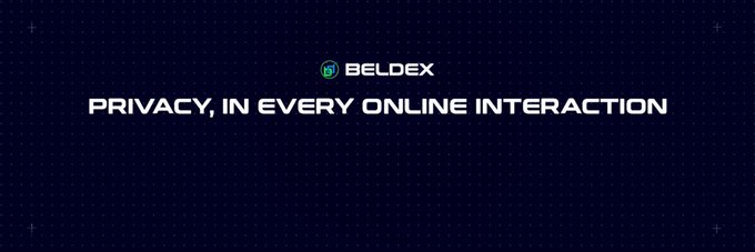 The image displays the Beldex logo and tagline "PRIVACY, IN EVERY ONLINE INTERACTION" against a dark blue dotted background, reinforcing the post's message about Beldex's privacy-focused blockchain and AI-powered DApps for secure chats, browsing, payments, and identity management.