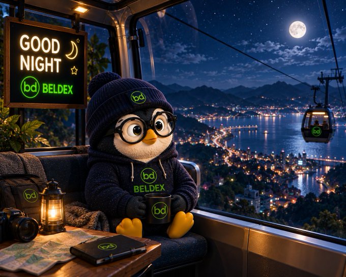 An animated penguin mascot wearing glasses and a "BELDEX" beanie sits in a cable car at night holding a mug, with a neon "GOOD NIGHT bd BELDEX" sign and a moonlit city view.