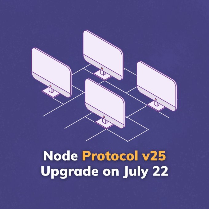 The image features an illustration of four connected computer monitors on a purple background, symbolizing a network upgrade. The text reads "Node Protocol v25 Upgrade on July 22," which aligns with the post announcing Pi's Protocol v25 upgrade focused on improving network stability, smart contract efficiency, and privacy protection.