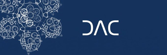 A navy blue banner features intricate white line-art illustrations of various symbols on the left, with the letters "DAC" displayed prominently in the center.