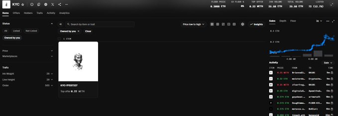 The image shows a dark-themed NFT marketplace analytics interface displaying the "KYC" collection by Jack Butcher, with a floor price of 0.34 ETH and total volume of 6.39 ETH, featuring a small pixelated portrait of a bearded man. This visual supports the post by confirming the user received a KYC NFT airdrop, highlighting the collection's current low floor price of 0.34 ETH while showing it has gained traction with $800+ in trading activity.