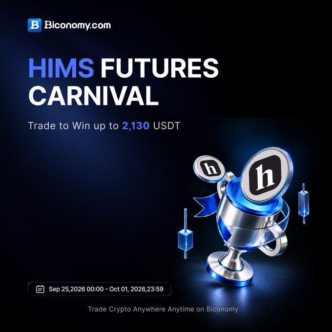 Biconomy.com promotional graphic for the "HIMS FUTURES CARNIVAL" with a prize pool of 2,130 USDT, featuring a trophy with the h coin logo and event dates Sep 25-Oct 01, 2026.