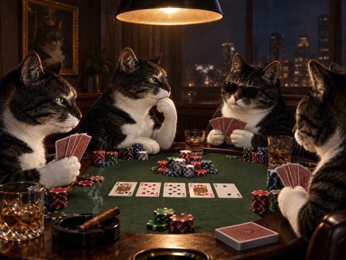 Four cats are seated around a green poker table, intensely playing a hand of Texas Hold'em with community cards, chip stacks, whiskey glasses, and cigars under a warm pendant light, while one cool cat wears sunglasses as the dealer. The image cleverly riffs on the post's gambling lingo by visualizing the high-stakes "animal runner" speculation on $HMM as a literal poker game among players with animal instincts.