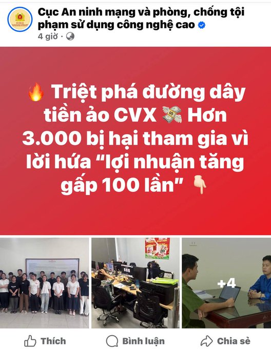 A Facebook post from "Cục An ninh mạng và phòng, chống tội phạm sử dụng công nghệ cao" announcing the dismantling of a cryptocurrency scam called "CVX" that defrauded over 3,000 victims with promises of "100x profits," accompanied by photos of suspects and an office.