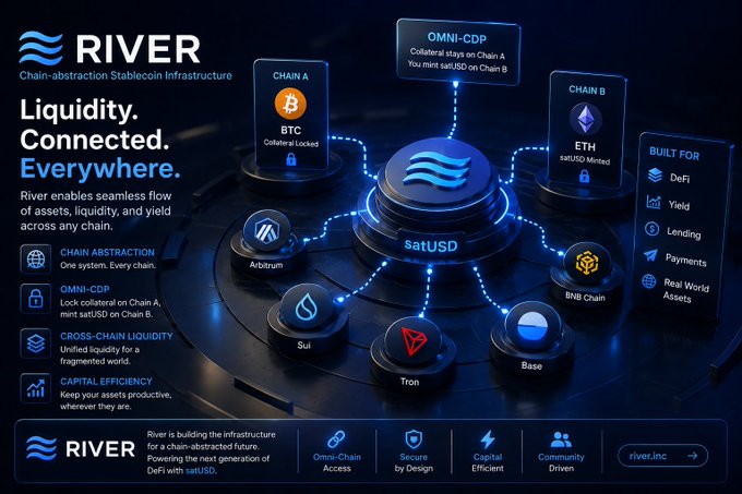 An infographic for "RIVER - Chain-Abstraction Stablecoin Infrastructure" with the tagline "Liquidity. Connected. Everywhere." showing satUSD connections across multiple chains including BTC, ETH, Arbitrum, Sui, Tron, Base, and BNB Chain.
