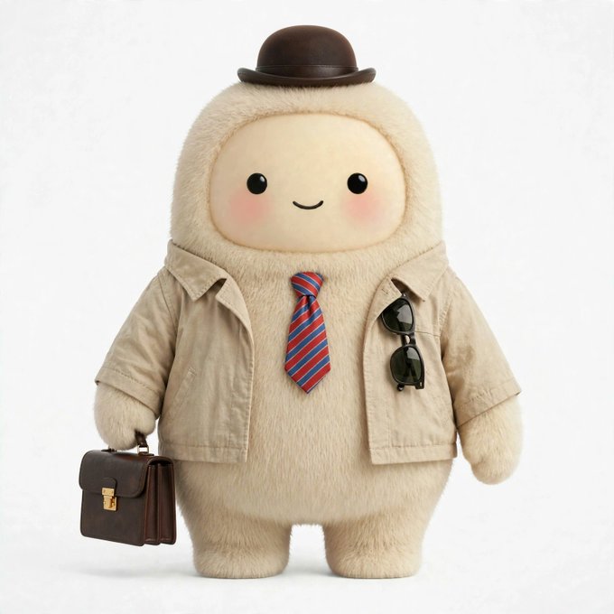 A fluffy white plush character stands wearing a brown bowler hat, beige jacket, striped tie, with sunglasses in its pocket and a small briefcase in hand.