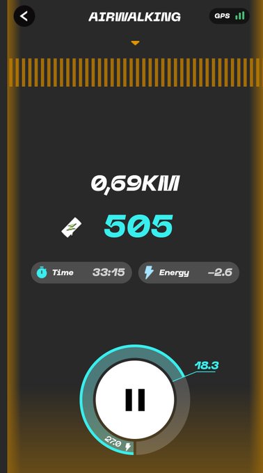 The 'AIRWALKING' app interface showing a distance of 0.69KM, 505 points, a time of 33:15, energy of -2.6, and 18.3 calories with a pause button, indicating a fitness or step-counting activity.