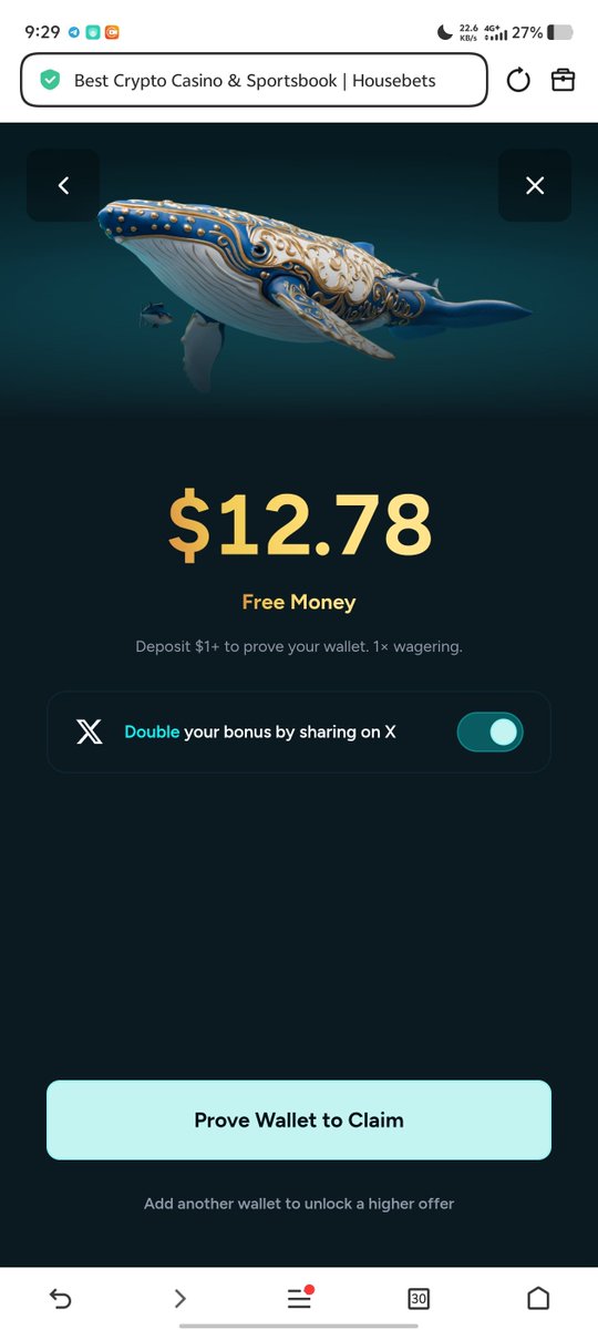 A mobile browser screenshot shows Housebets offering $12.78 in "Free Money" with a "Prove Wallet to Claim" button and an option to double the bonus by sharing on X. The image illustrates the post's claim of $12 in bonus funds, requiring a $1+ deposit and 1× wagering to unlock.