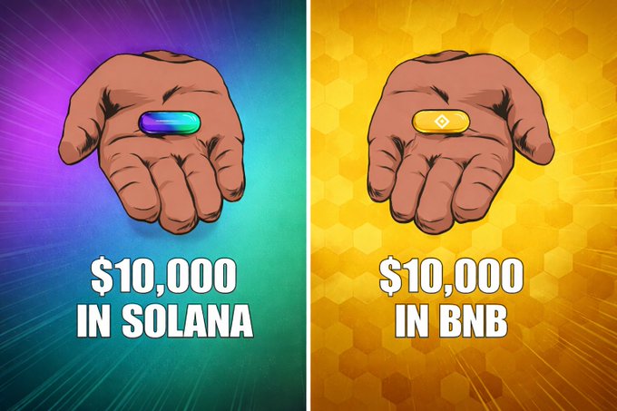 A comparison graphic showing two hands holding cryptocurrency tokens: '$10,000 IN SOLANA' on the left and '$10,000 IN BNB' on the right.