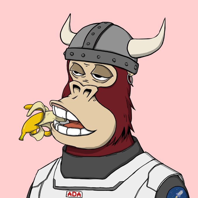 A cartoon illustration of a tired-looking monkey/bull character wearing a horned viking helmet and a white spacesuit labeled 'ADA' (Cardano), eating a banana peel against a pink background.