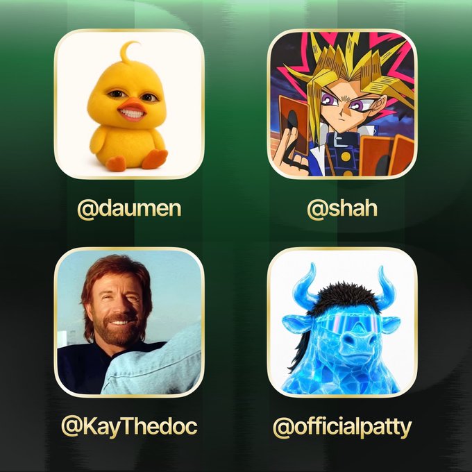 The image displays four profile icons arranged in a 2x2 grid on a green background, each labeled with usernames: "@daumen" (a yellow chick), "@shah" (Yugi from Yu-Gi-Oh!), "@KayThedoc" (Chuck Norris), and "@officialpatty" (a blue bull). The layout serves as a promotional graphic welcoming users to the Pumpfun app, matching the post's call to find these four creators on the platform.