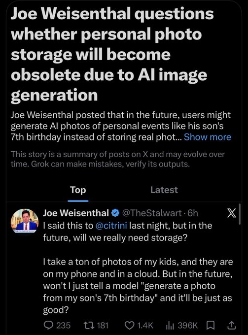 The image shows a screenshot from a social media platform, where a post has been made by someone named Joe Weisenthal. The post contains a question about AI and storage generation. It seems that the person who posted this content wants to know if AI can generate photos of any moment or if only verified storage can prove which one actually happened. The image also includes a screenshot of a photo taken on a phone, suggesting that it might be related to the discussion about AI and storage.