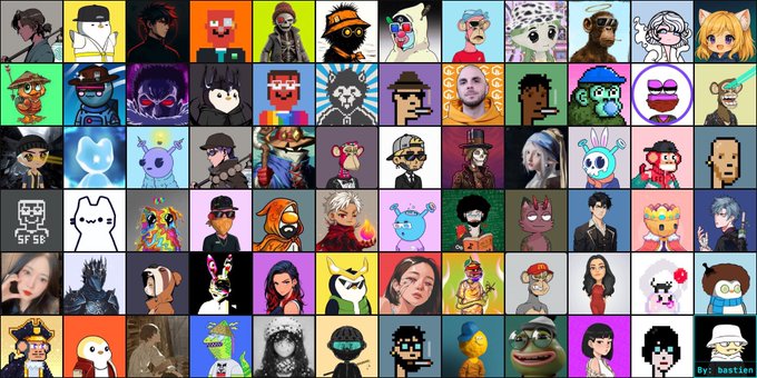 A grid of 63 colorful NFT profile pictures (PFPs) representing various digital art creators, with the watermark "By: bastien" in the bottom right corner, serving as a visual roster of successful NFT artists referenced in the post's claim about top earners.