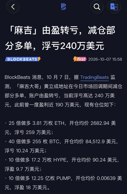 A Chinese news article from BlockBeats dated 2026-10-07 reports on "麻吉" (Majige) being liquidated from profit to loss, with a current floating loss of $2.4 million across positions in ETH, BTC, HYPE, and PUMP.