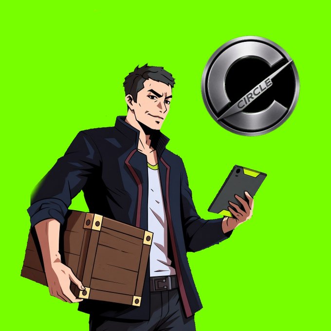 An anime-style illustration of a serious man in a dark jacket holding a wooden crate and a smartphone, standing next to a black and silver "CIRCLE" logo on a green screen background.