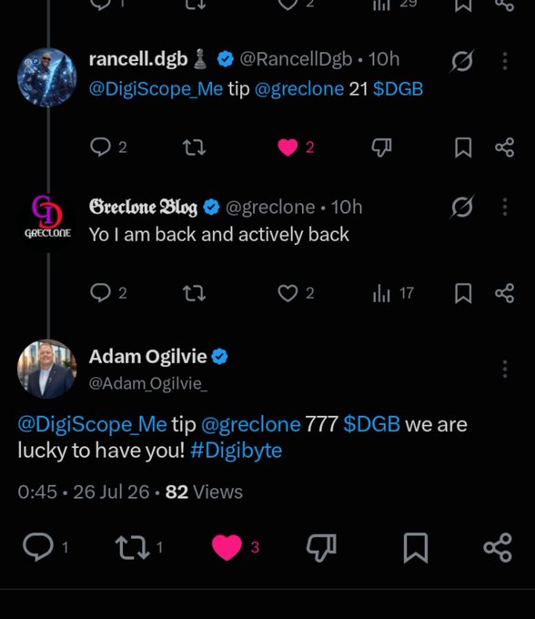 A screenshot of Twitter/X posts showing users @rancell.dgb tipping @greclone 21 $DGB and @AdamOgilvie_ tipping 777 $DGB, along with Greclone Blog announcing "Yo I am back and actively back" on July 26.