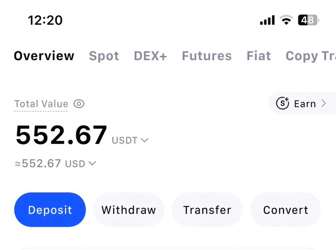 A crypto trading app screenshot showing an Overview page with a total portfolio value of **552.67 USDT (~$552.67 USD)**, featuring options like Deposit, Withdraw, Transfer, and Convert. The image illustrates earnings from web3 work, visualizing the $552 portfolio balance as tangible proof of income from web3 jobs that can be earned from home.