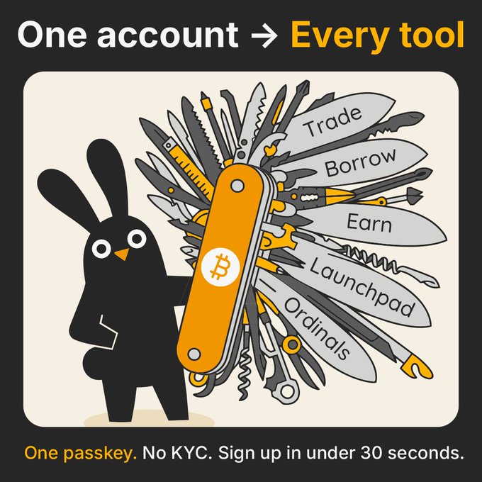 The image features a cartoon rabbit holding a large knife with multiple blades, surrounded by various other knives of different sizes. The text above the scene reads "One account" followed by an arrow pointing towards another account that says "Every tool". Below this, there is a message encouraging users to sign up for Bitcoin DeFi and DYOR trading programs on the post.