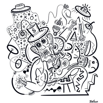 A black and white doodle-style illustration depicts a quirky, stylized figure surrounded by abstract shapes and patterns, signed 'Nathan'.