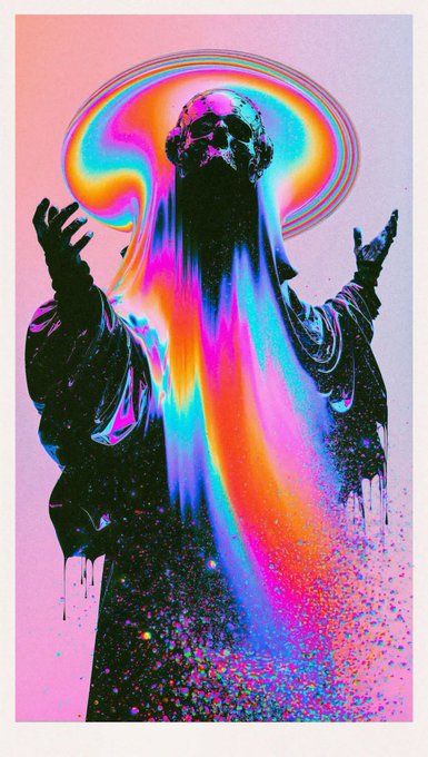 A vibrant, psychedelic digital artwork depicting a robed, skull-like figure with raised hands, set against a colorful, swirling background with rainbow hues.