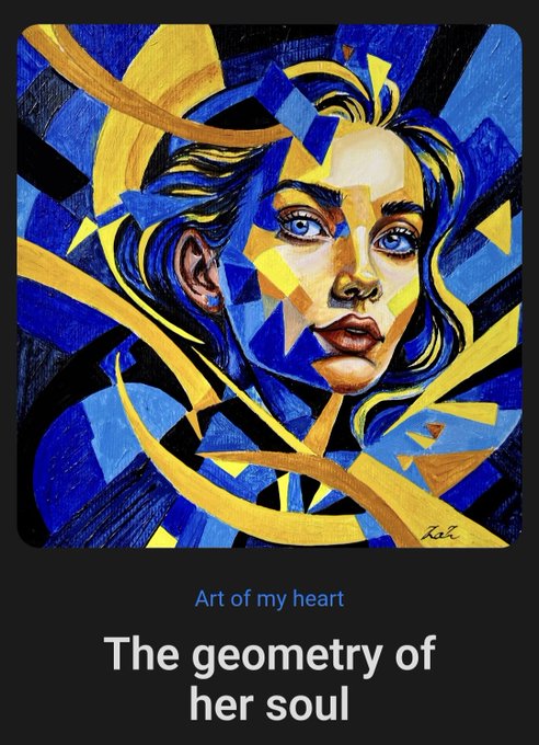 A pop-art style portrait of a woman in blue and yellow, captioned 'Art of my heart' and 'The geometry of her soul'.