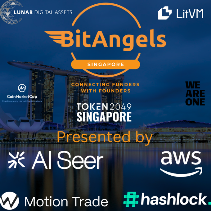 A promotional graphic for 'BitAngels Singapore' at TOKEN2049, featuring logos for sponsors including Lunar Digital Assets, LitVM, CoinMarketCap, Al Seer, AWS, Motion Trade, and Hashlock, set against a Singapore cityscape.