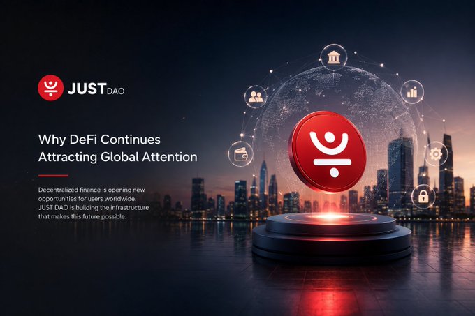 A promotional graphic for JUST DAO featuring a red coin with a logo atop a pedestal against a city skyline, with text reading 'Why DeFi Continues Attracting Global Attention' and a tagline about decentralized finance.