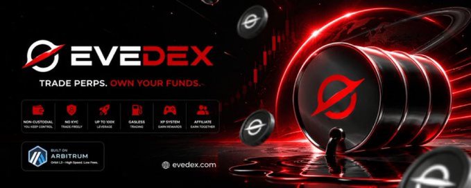 In this image, a person is standing near a black barrel with red lights shining around it, which appears to be an important trading platform for trading cryptocurrencies like Bitcoin. The barrel is adorned with several other barrels of different sizes, adding depth to its visual appeal. In addition to these barrels, there are also various trading icons scattered throughout the image, further emphasizing the theme of cryptocurrency trading.

The content of the image includes text that reads "EVEDEX Trade Perps, Own Your Funds". This message is accompanied by a series of icons and logos representing different aspects of Bitcoin trading in an infographic-like format. The person standing near this barrel appears to be engaged with the trading platform and possibly involved in the process of transferring funds or investing in cryptocurrency.