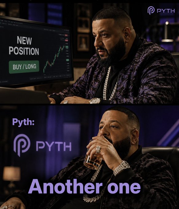 The image shows two men sitting at desks, with one man drinking from a glass while looking at a computer screen displaying a trading chart for Cryptocurrency. The other man has his back turned towards the camera. Below these images, there are two lines of text that read "Another One" and "@PythNetwork".