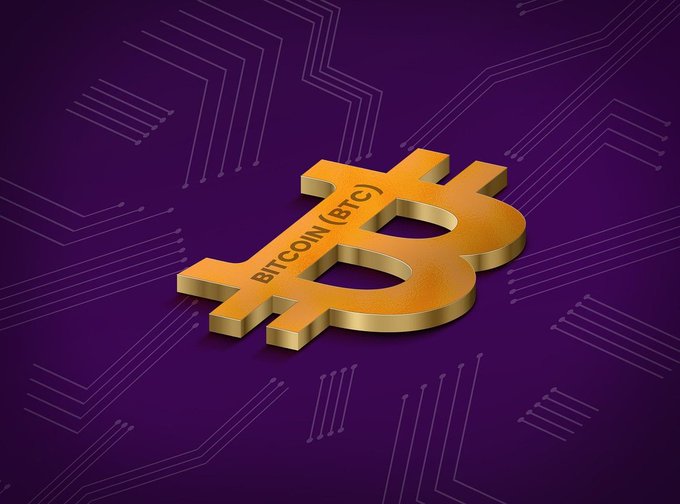 A 3D golden Bitcoin symbol engraved with 'BITCOIN (BTC)' rests on a purple surface decorated with circuit board patterns.